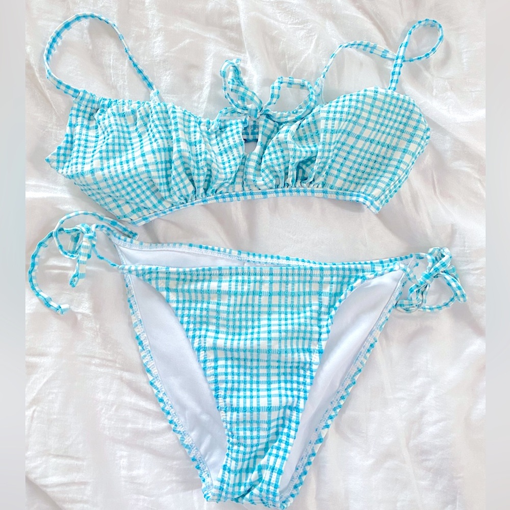 blue and white striped bikini set!!